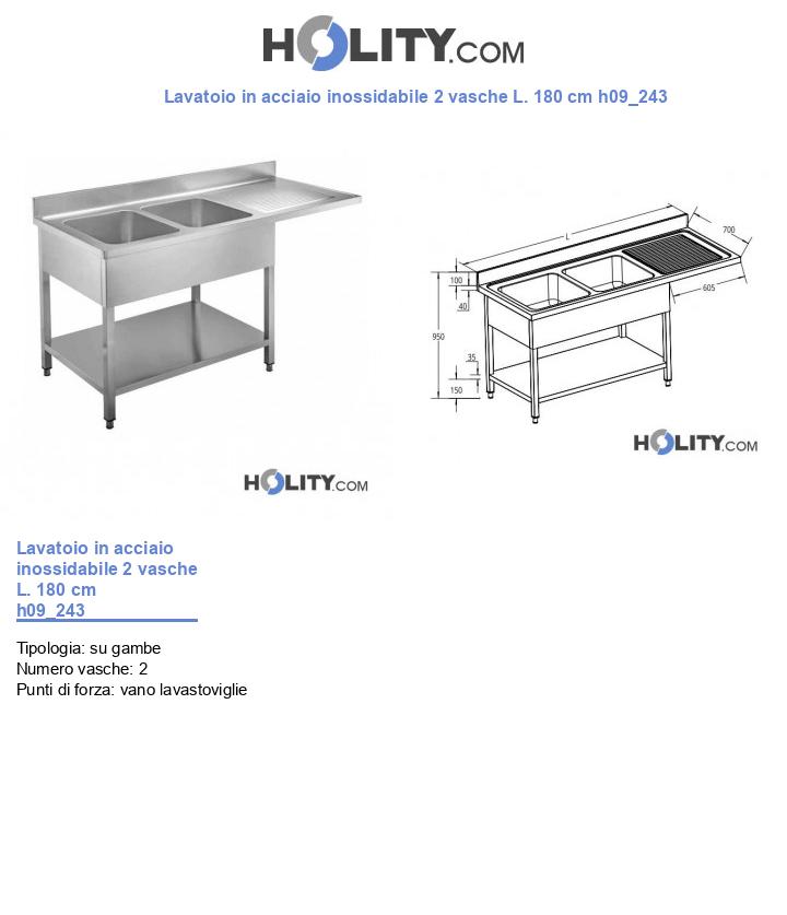 Lavatoio in acciaio inossidabile 2 vasche L. 180 cm h09_243