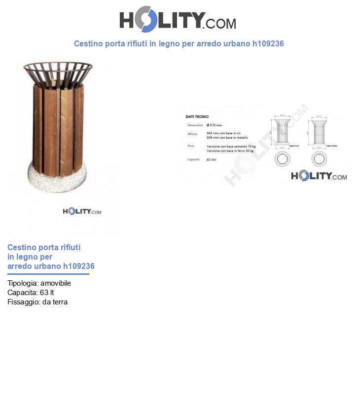 Cestino porta rifiuti in legno per arredo urbano h109236