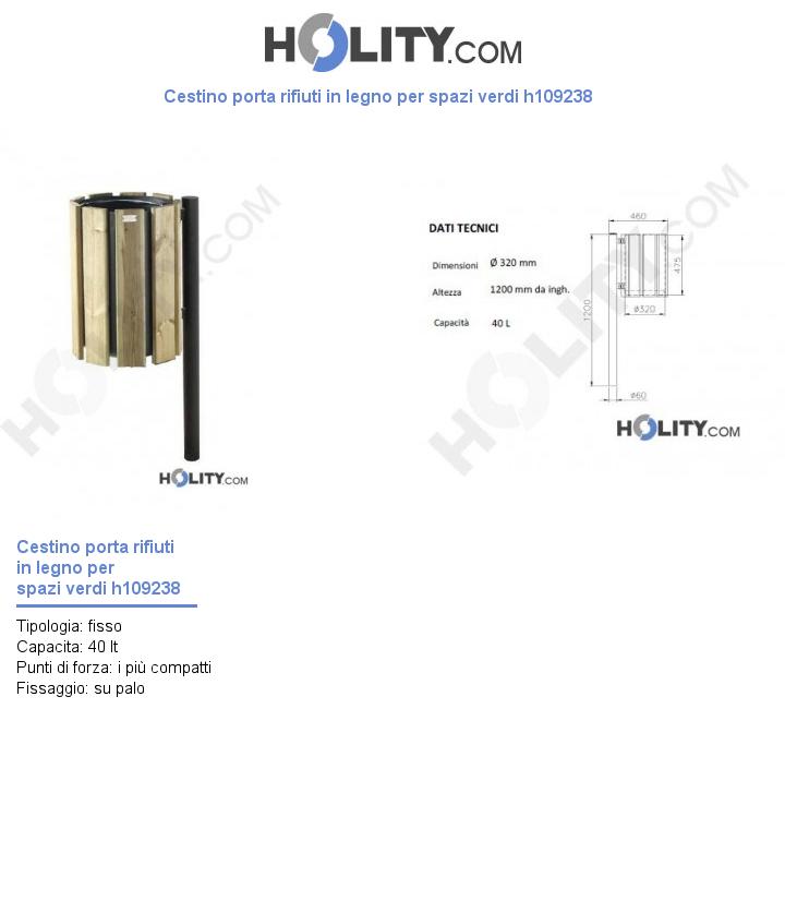 Cestino porta rifiuti in legno per spazi verdi h109238