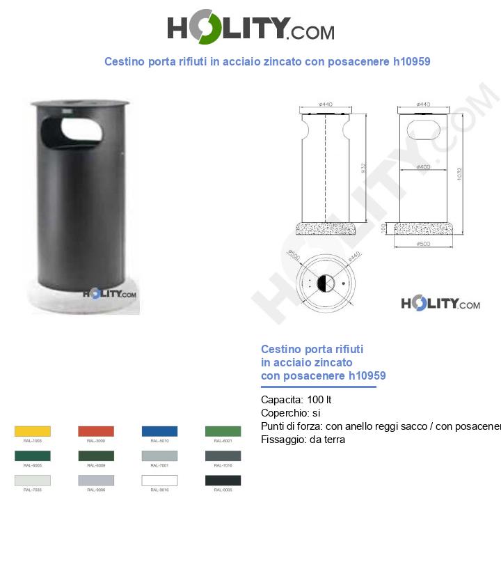 Cestino porta rifiuti in acciaio zincato con posacenere h10959