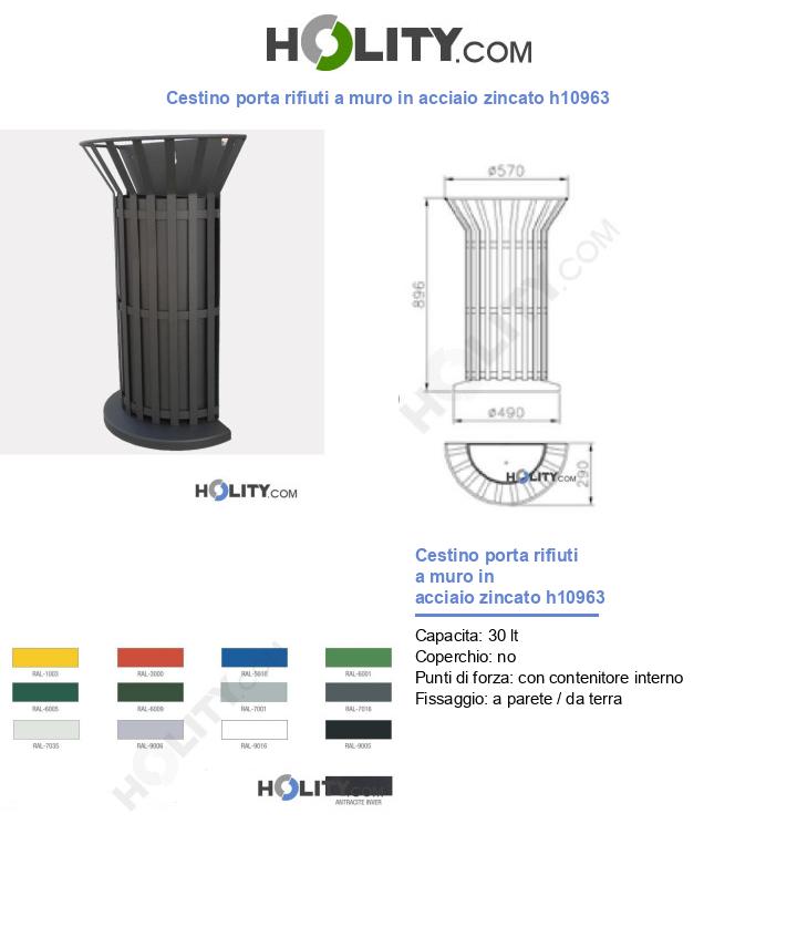 Cestino porta rifiuti a muro in acciaio zincato h10963