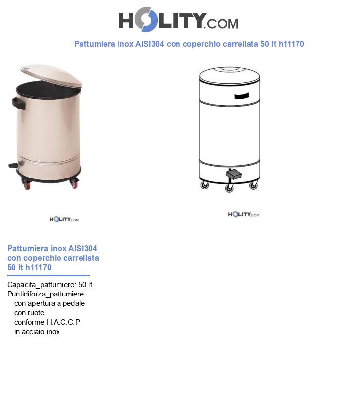 Pattumiera inox AISI304 con coperchio carrellata 50 lt h11170