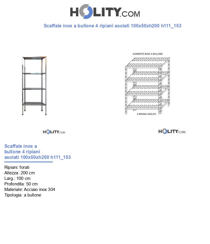 Scaffale inox a bullone 4 ripiani asolati 100x50xh200 h111_153