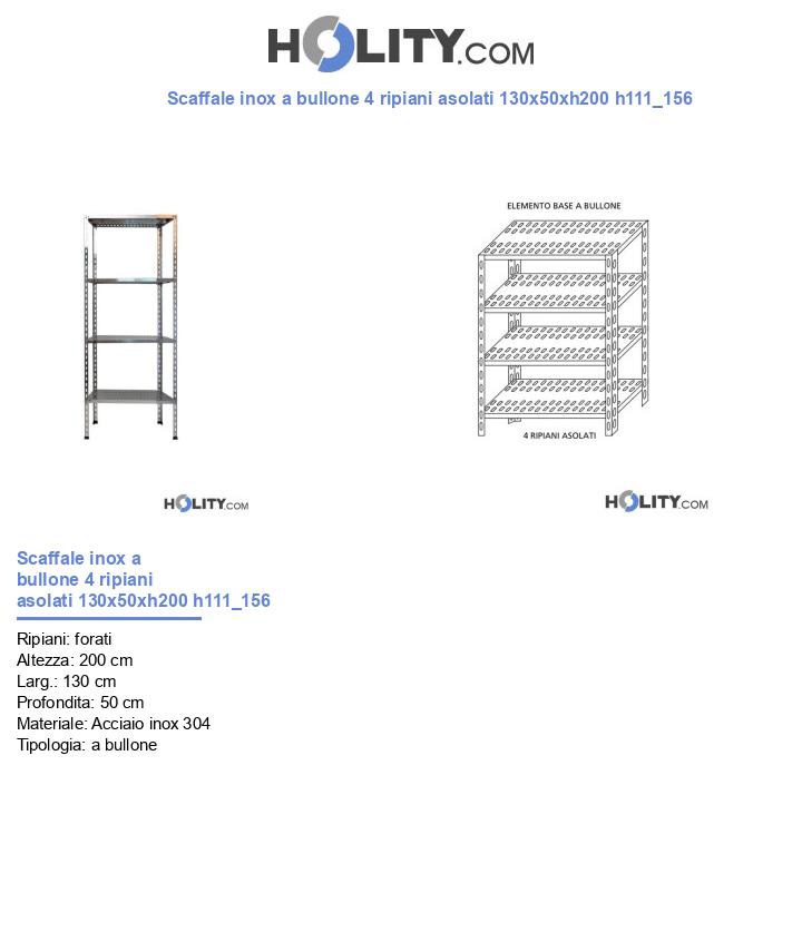 Scaffale inox a bullone 4 ripiani asolati 130x50xh200 h111_156