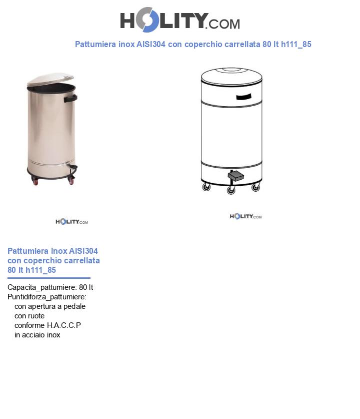 Pattumiera inox AISI304 con coperchio carrellata 80 lt h111_85