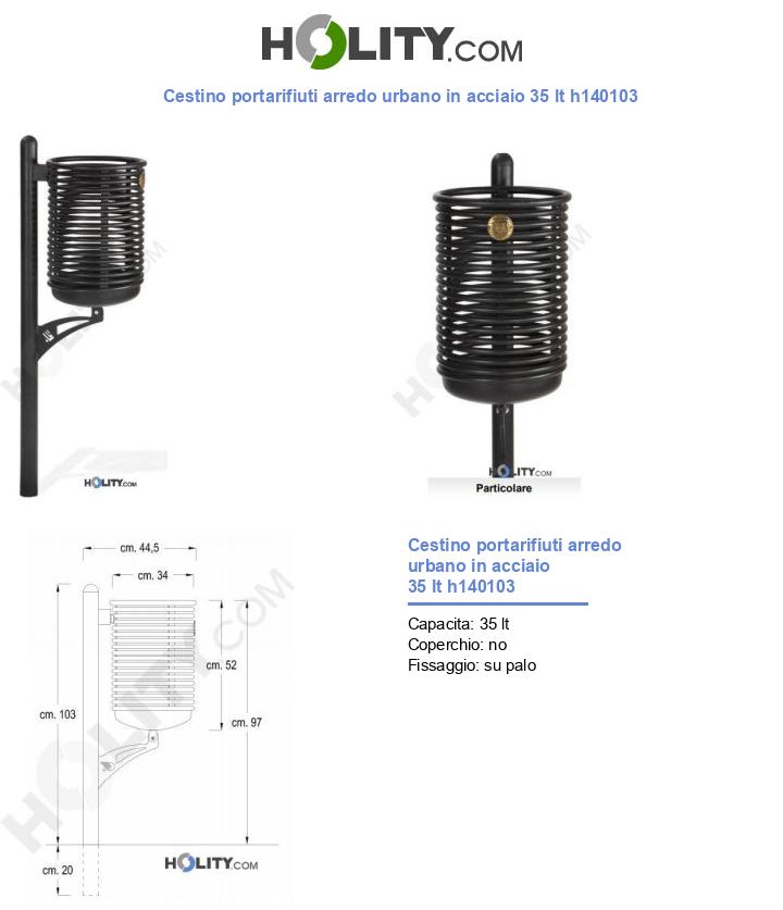 Cestino portarifiuti arredo urbano in acciaio 35 lt h140103