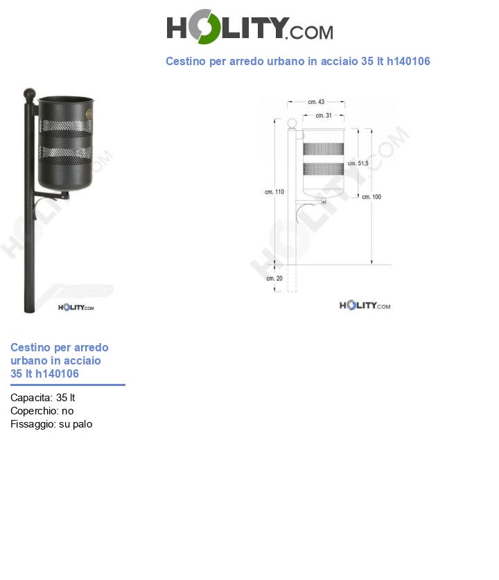 Cestino per arredo urbano in acciaio 35 lt h140106