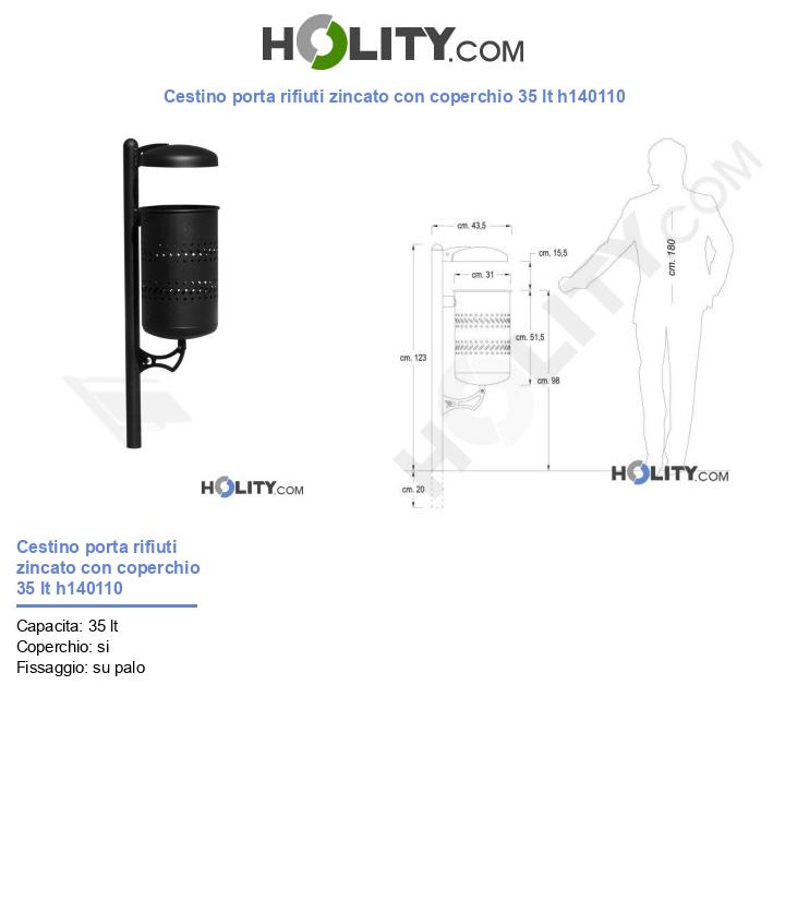 Cestino porta rifiuti zincato con coperchio 35 lt h140110