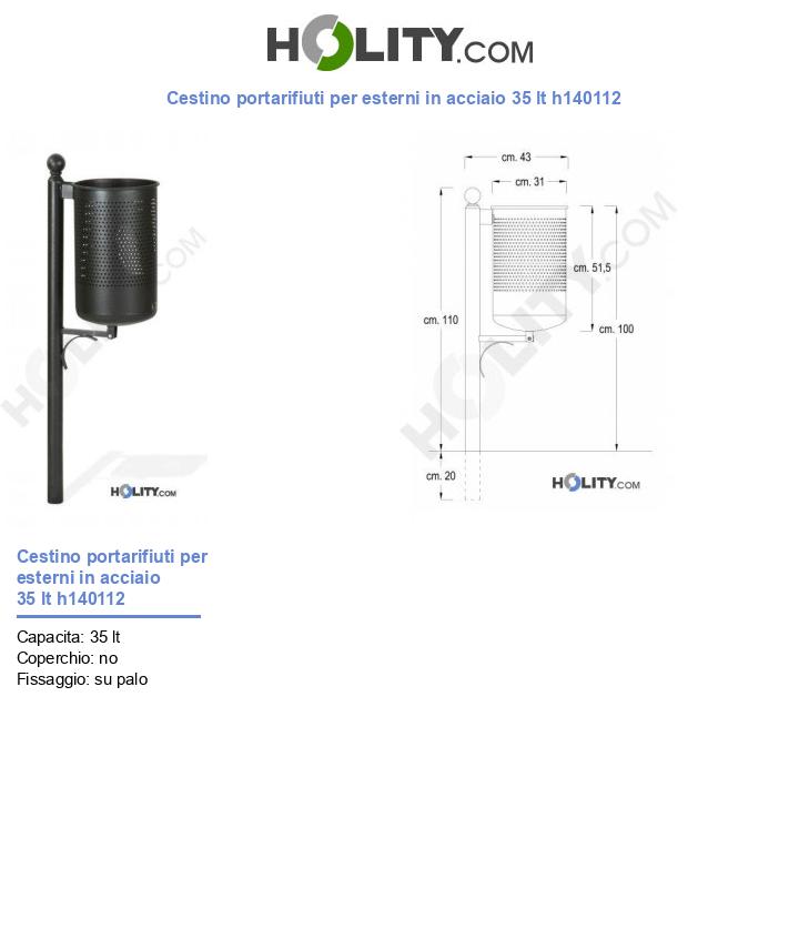 Cestino portarifiuti per esterni in acciaio 35 lt h140112