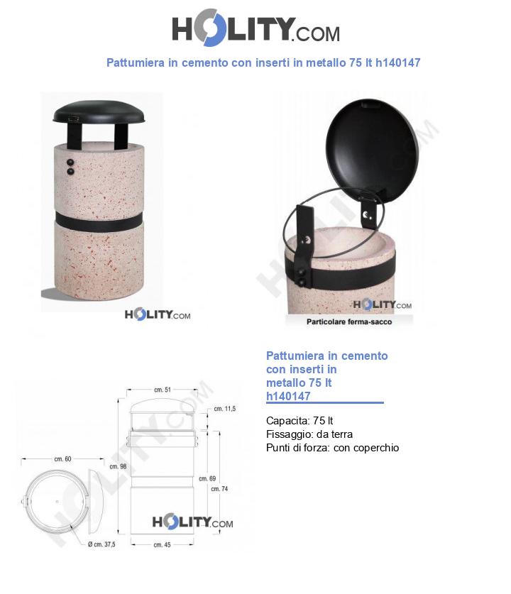 Pattumiera in cemento con inserti in metallo 75 lt h140147