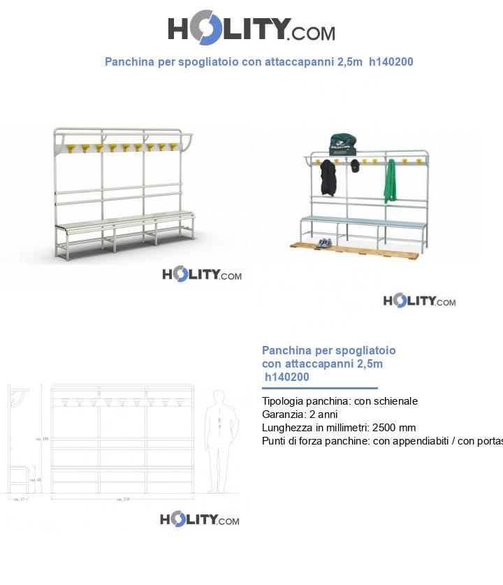 Panchina per spogliatoio con attaccapanni 2,5m h140200