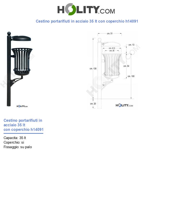 Cestino portarifiuti in acciaio 35 lt con coperchio h14091