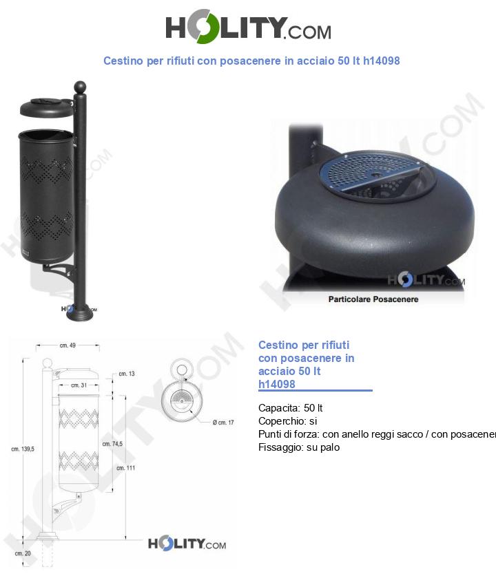 Cestino per rifiuti con posacenere in acciaio 50 lt h14098
