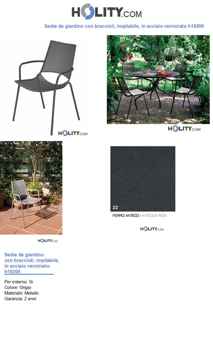 Sedia da giardino con braccioli, impilabile, in acciaio verniciato h19206