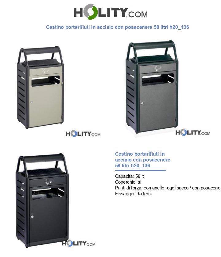 Cestino portarifiuti in acciaio con posacenere 58 litri h20_136