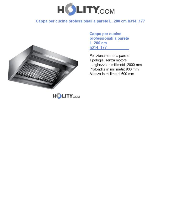 Cappa per cucine professionali a parete L. 200 cm h314_177