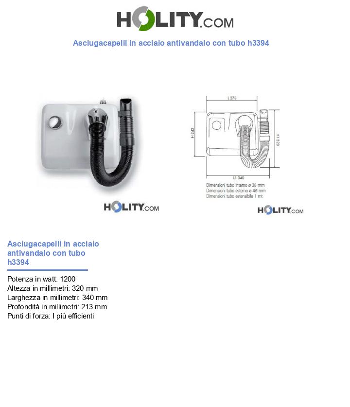 Asciugacapelli in acciaio antivandalo con tubo h3394