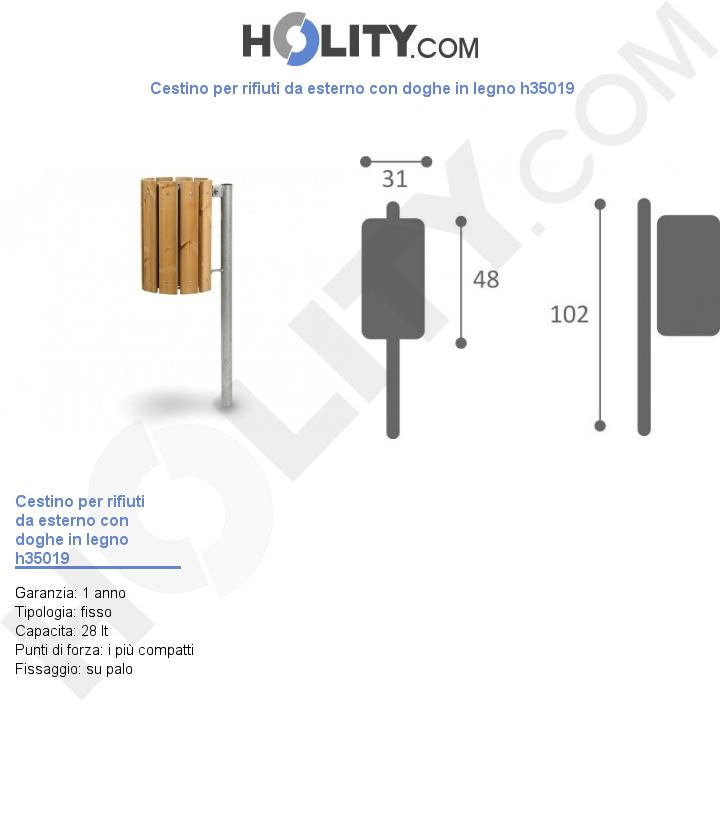 Cestino per rifiuti da esterno con doghe in legno h35019