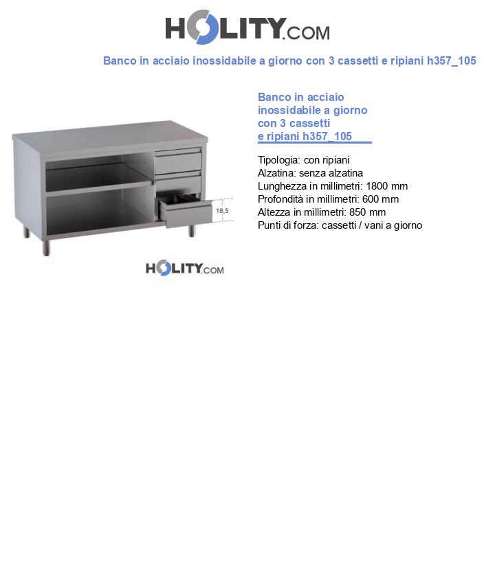 Banco in acciaio inossidabile a giorno con 3 cassetti e ripiani h357_105