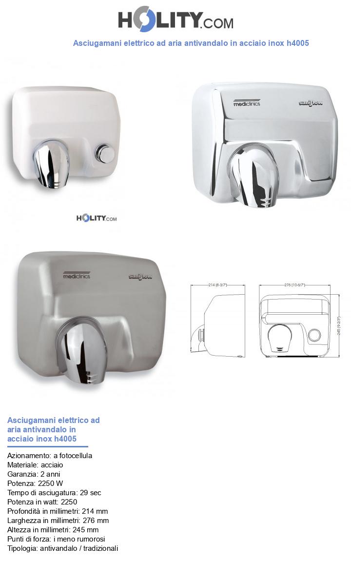 Asciugamani elettrico ad aria antivandalo in acciaio inox h4005