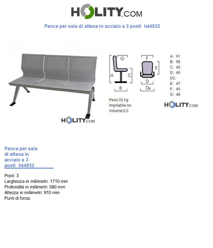 Panca per sala di attesa in acciaio a 3 posti h44932