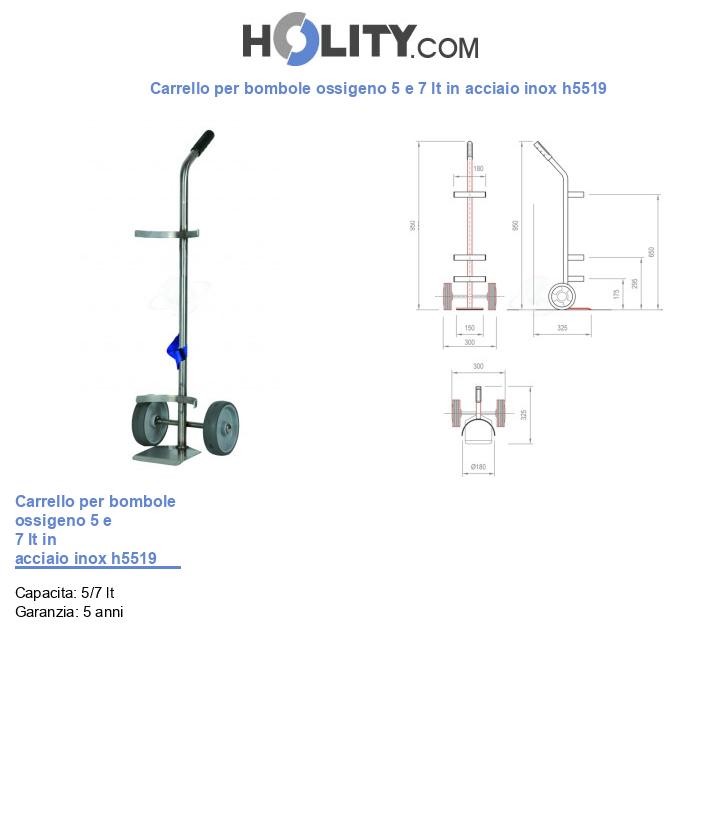 Carrello per bombole ossigeno 5 e 7 lt in acciaio inox h5519