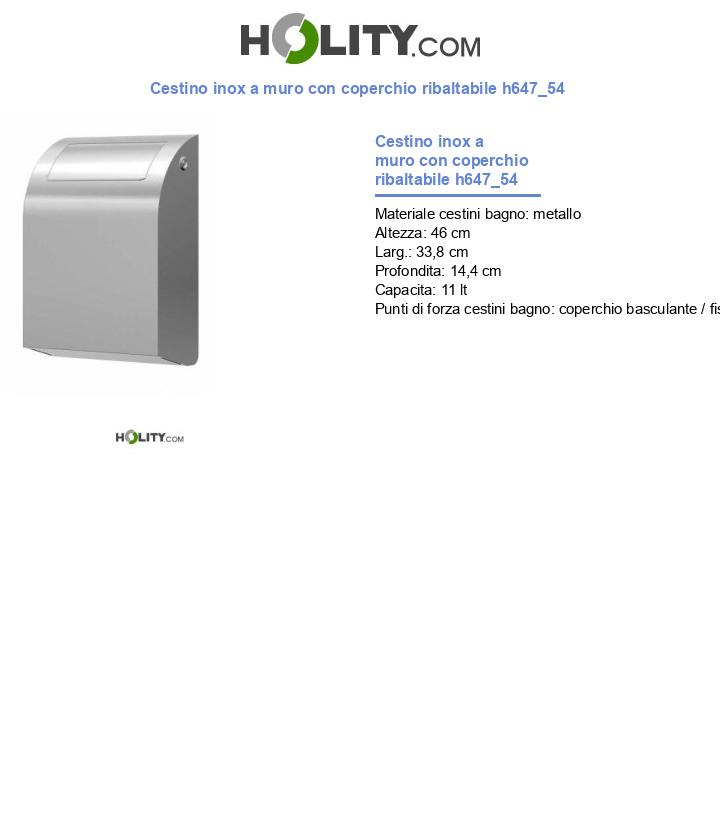 Cestino inox a muro con coperchio ribaltabile h647_54
