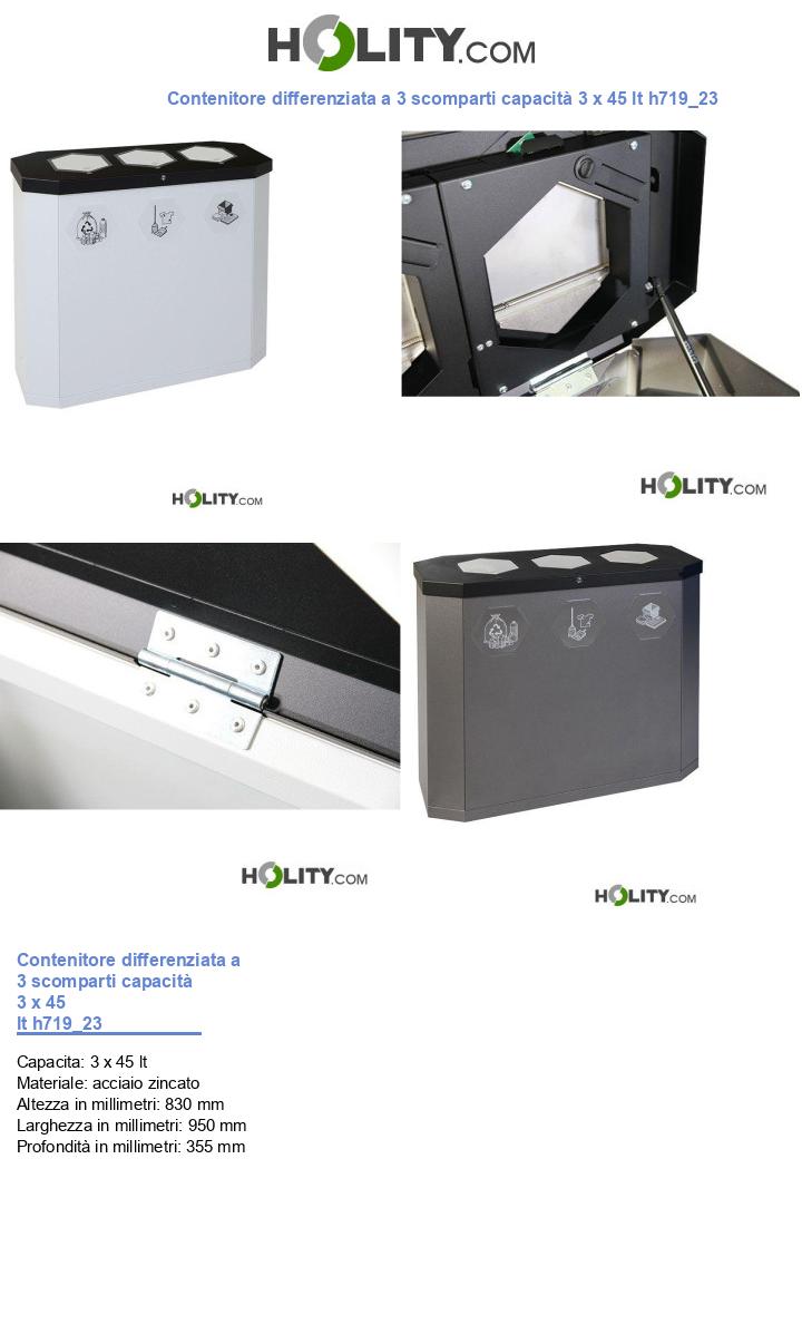 Contenitore differenziata a 3 scomparti capacità 3 x 45 lt h719_23