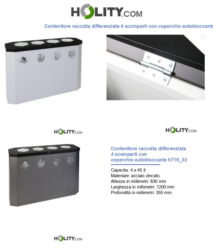 Contenitore raccolta differenziata 4 scomparti con coperchio autobloccante h719_33