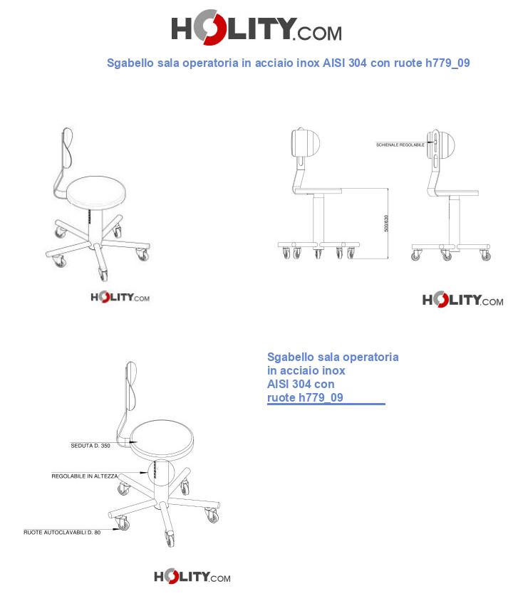 Sgabello sala operatoria in acciaio inox AISI 304 con ruote h779_09