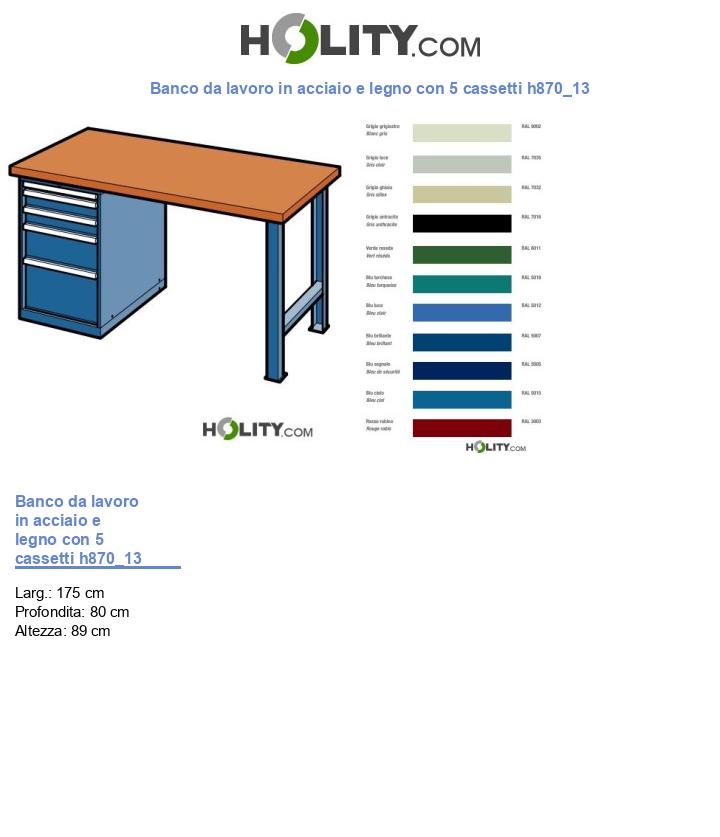 Banco da lavoro in acciaio e legno con 5 cassetti h870_13