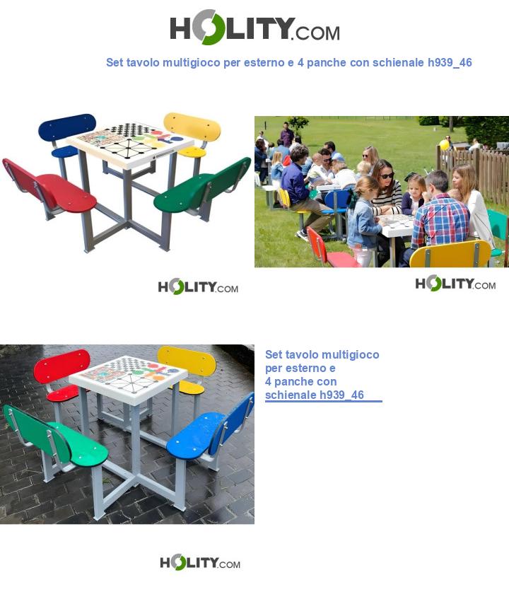 Set tavolo multigioco per esterno e 4 panche con schienale h939_46