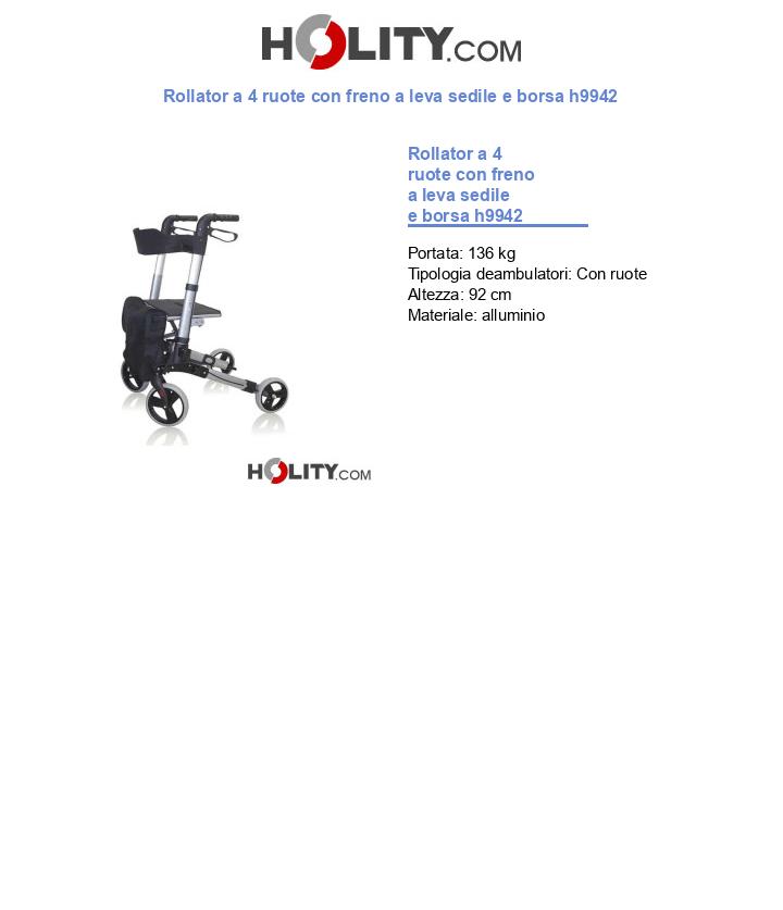 Rollator a 4 ruote con freno a leva sedile e borsa h9942